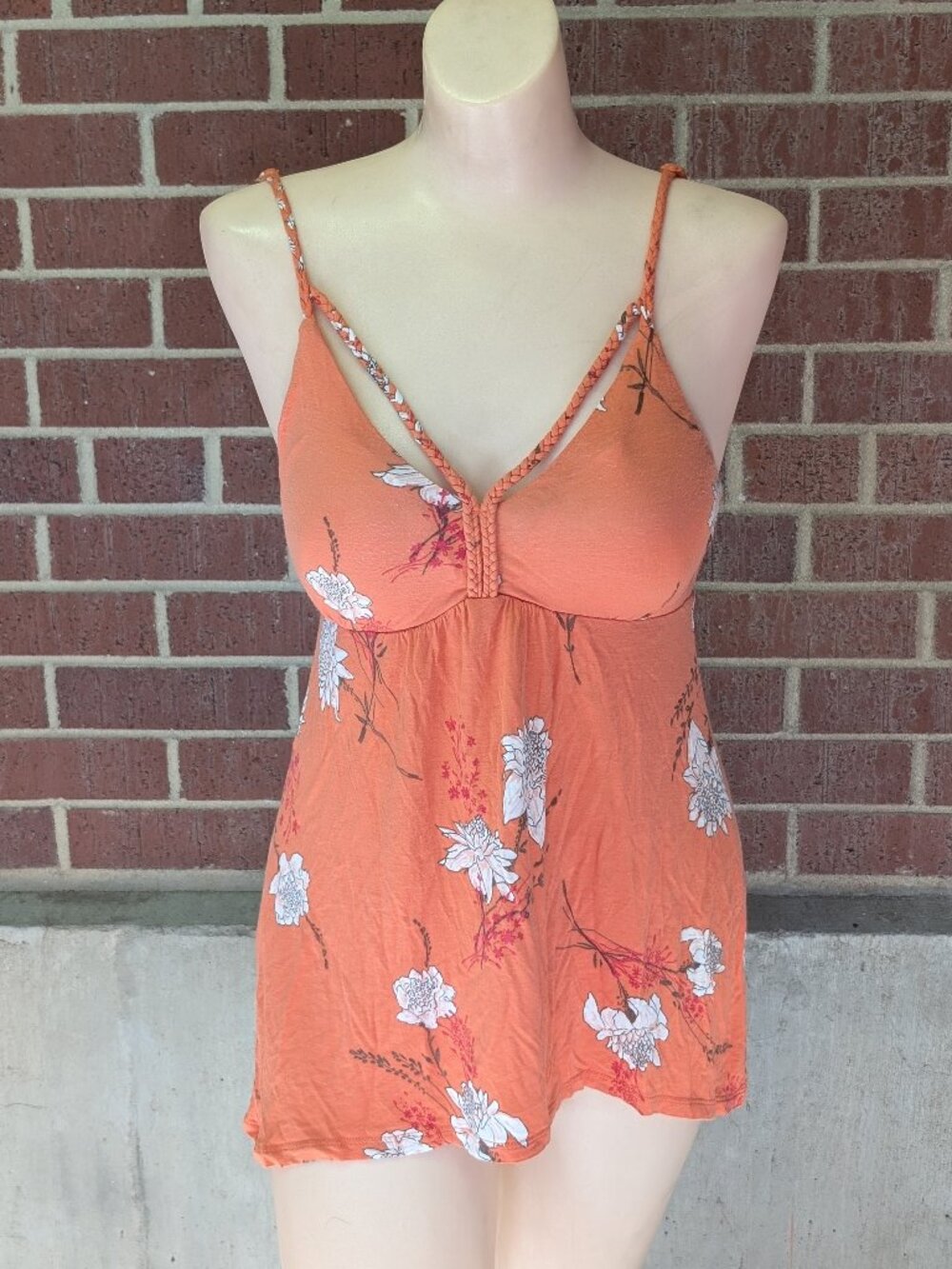 American Rag Floral Babydoll Cami Top Women's Large Orange Strappy Boho Y2K